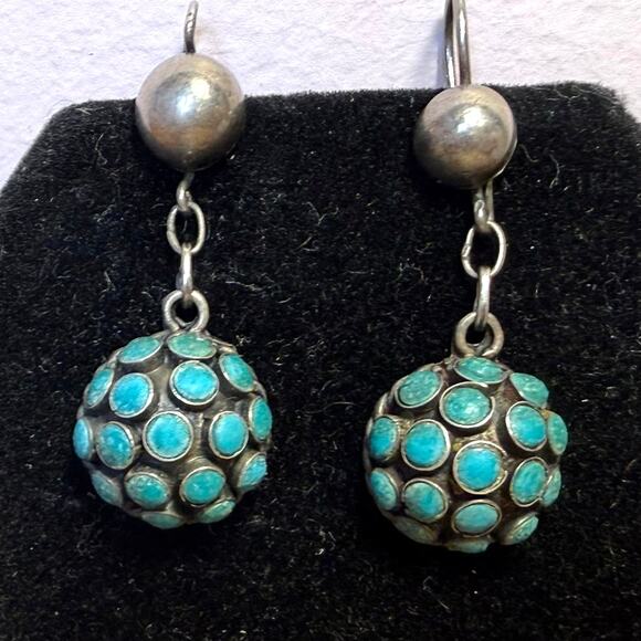 Taxco Jewelry - Taxco Mexico TC-155 925 Sterling Silver Turquoise Inlay Dangle Earrings